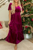 Velvet Short Sleeve Shirred Waist Tiered Maxi Dress