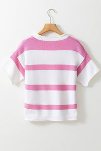 Pink Stripe Dropped Short Sleeve Lightweight Knitted Top