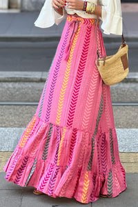 Boho Printed Tasseled Drawstring Ruffled Maxi Skirt