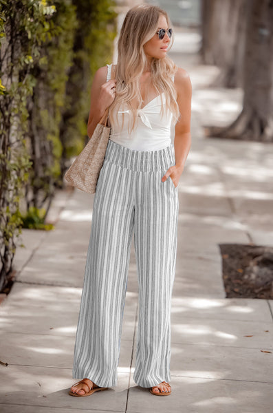 Black Smocked High Waist Straight Leg Linen Stripped Pants