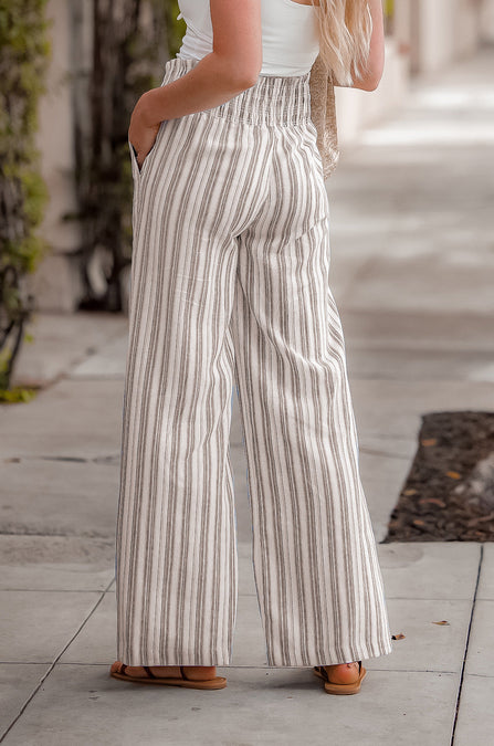 Black Smocked High Waist Straight Leg Linen Stripped Pants