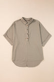 Simply Taupe Collared Half Buttons Folded Short Sleeve Oversize Top