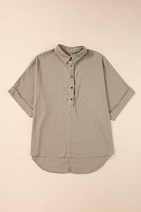 Simply Taupe Collared Half Buttons Folded Short Sleeve Oversize Top