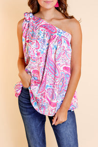 Knotted One Shoulder Paisley Print Tank Top