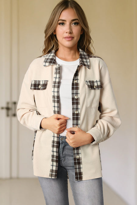 Plaid Patchwork Waffle Thermal Knit Shacket