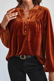 Lantern Sleeve Beaded Split V Neck Velvet Top