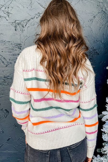 Colorful Striped Ribbed Trim Sweater