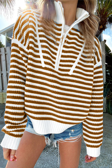 Stripe Zip up Collar Drop Shoulder Sweater