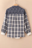 Floral Plaid Mixed Print Bishop Sleeve Patchwork Top