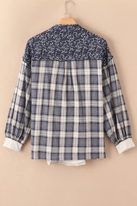 Floral Plaid Mixed Print Bishop Sleeve Patchwork Top