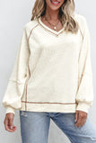 Exposed Seam Textured Knit V Neck Pullover Top