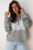Gray Waffle Printed Patchwork Drawstring Hooded Long Sleeve Top