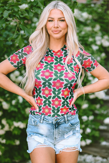 Fiery Red Retro Floral Print Crew Neck T Shirt