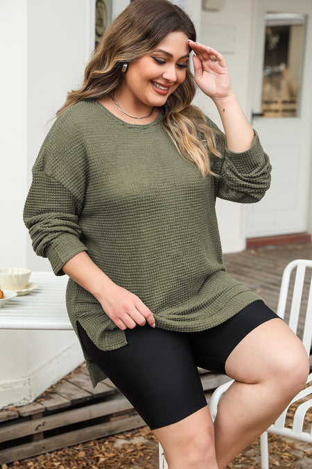 Khaki Waffle Knit High Slits Oversized Top