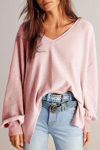 V Neck Long Sleeve Drop Shoulder Loose Blouse