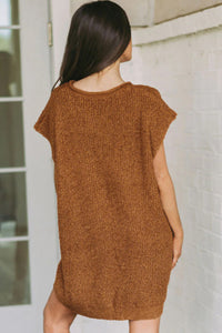 Solid Color Short Sleeve Notched V Neck Sweater Dress