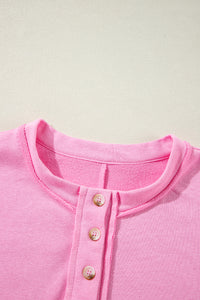 Solid Color Buttoned Neckline Loose Sweatshirt