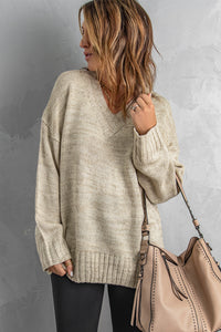 White V neck Drop Shoulder Knitted Sweater