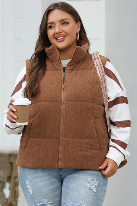 Corduroy Stand Neck Zipped Puffer Vest