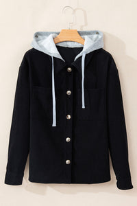 Hooded Drawstring Pockets Corduroy Shacket