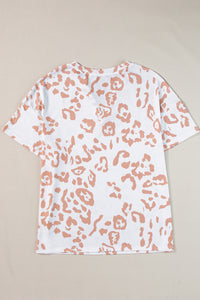 White Plus Size Leopard Print V Neck Short Sleeve Top