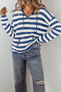 Stripe V Neck Pocketed Drawstring Hooded Sweater