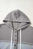 Gray Waffle Printed Patchwork Drawstring Hooded Long Sleeve Top