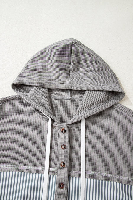 Gray Waffle Printed Patchwork Drawstring Hooded Long Sleeve Top