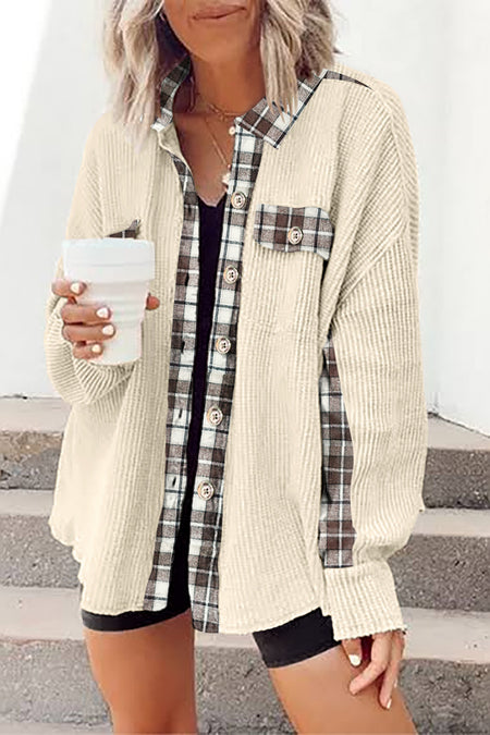 Plaid Patchwork Waffle Thermal Knit Shacket