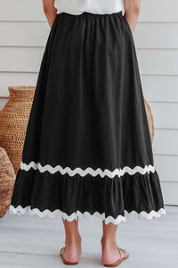 Black Ricrac Trim Colorblock High Waist Long Skirt