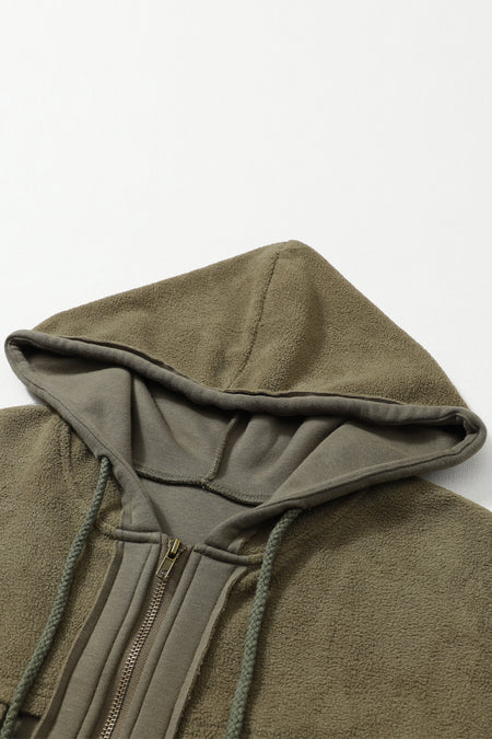 Flap Pocket Drawstring Hood Zip Up Jacket