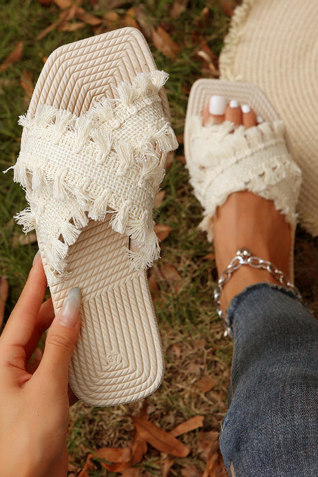 Tassel Woven Crossed Straps Flat Slippers