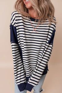 Stripe Color Block Exposed Seam Loose Fit Sweatshirt