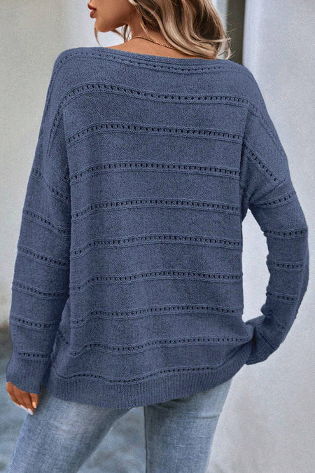 Boat Neck Drop Shoulder Pointelle Knit Sweater