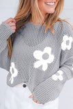 Big Flower Hollowed Knit Drop Shoulder Sweater