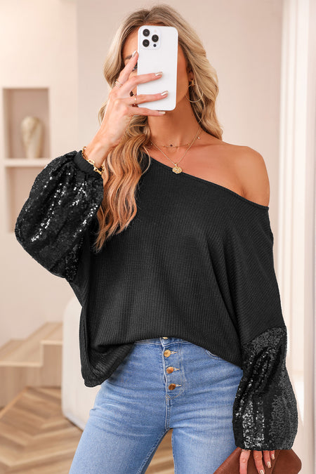 Sequin Patchwork Sleeve Open Back Waffle Knit Top