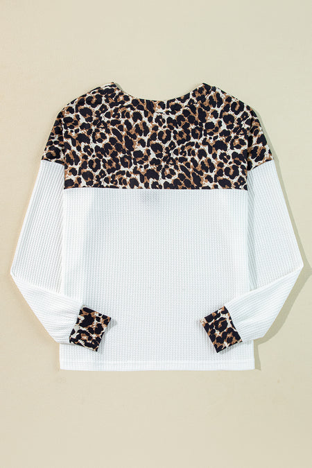 Leopard Waffle Knit Patchwork Button V Neck Top