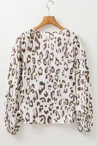 Leopard Print Split Neck Balloon Sleeve Blouse