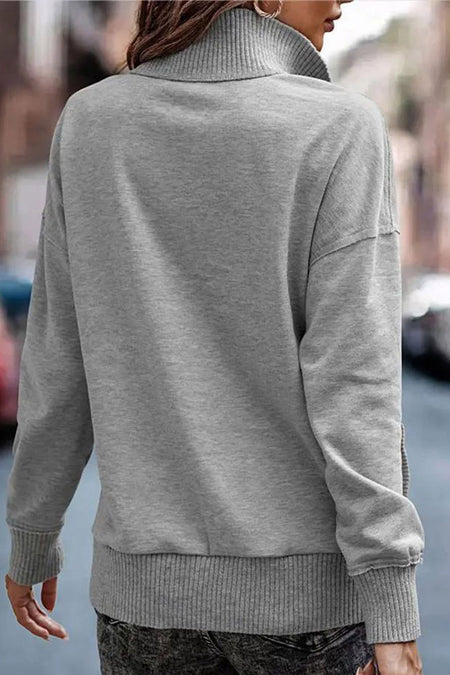 White Ribbed Hem Snap Button Neckline Sweatshirt with Pocket