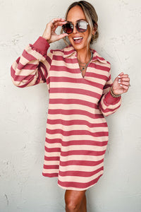 Stripe Collared V Neck Long Sleeve Loose Casual Dress