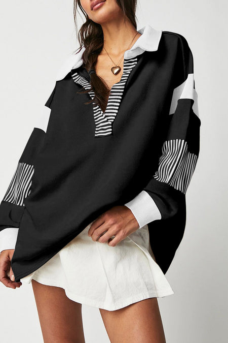 Striped Colorblock Patchwork Collar Sweatshirt