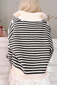 Stripe Zip up Collar Drop Shoulder Sweater