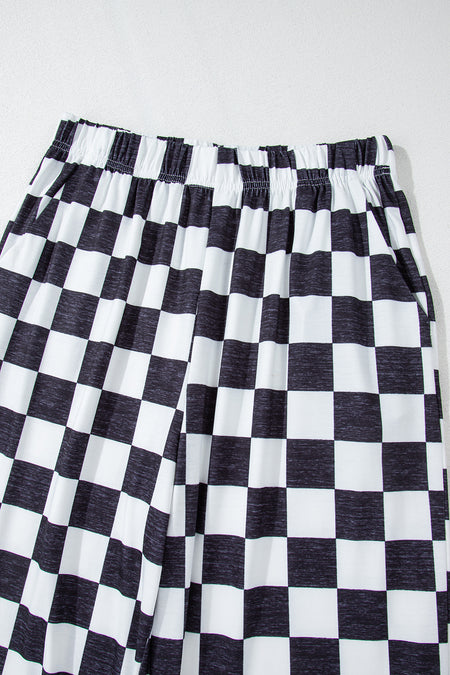 2-Tone Checked Print High Waist Wide Leg Pants