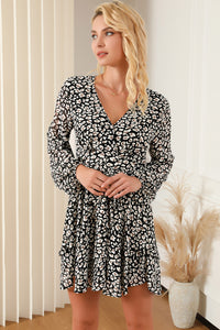 V Neck Baggy Sleeve Waist Tie Double Layer Ruffle Hem Leopard Print Dress