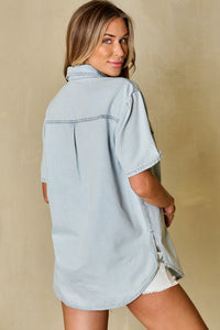 Vintage Light Wash Flap Pockets Rounded Hem Shirt