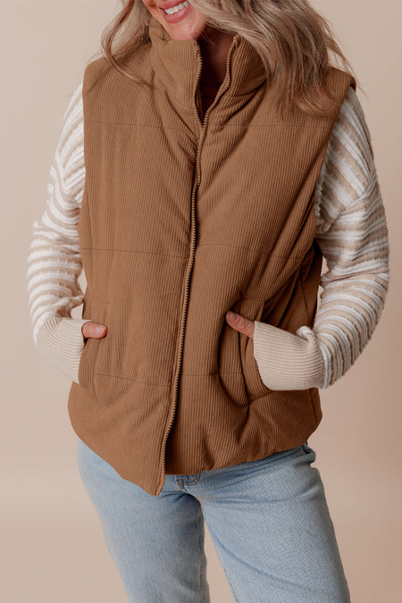 Corduroy Stand Neck Zipped Puffer Vest