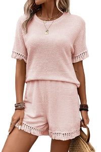 Pink Fringe Trim Textured Short Two Piece Set