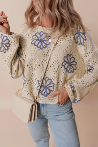 Flower Print Eyelet Drop Shoulder Sweater