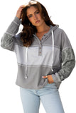 Gray Waffle Printed Patchwork Drawstring Hooded Long Sleeve Top