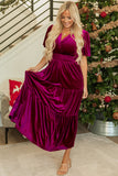 Velvet Short Sleeve Shirred Waist Tiered Maxi Dress